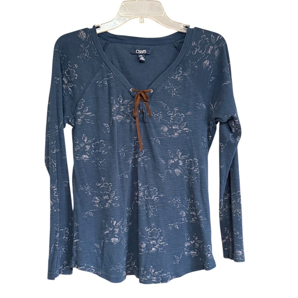Chaps Ralph Lauren Blue Floral Lace Up V-Neck Slub Cotton Long Sleeve Top M